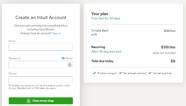 Create A New Intuit Account