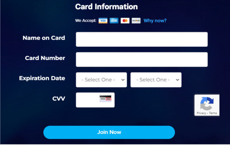 Enter Your Card Details & Click Join Now