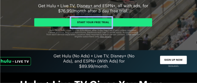 Hulu+Live Tv Website & Click On Start Your Free Trial