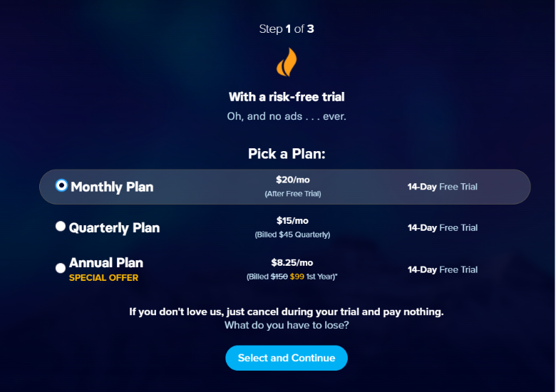 Select Your Plan & Click Select and Continue