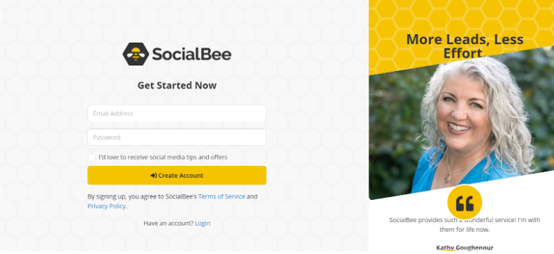 SocialBee’s Sign-up Page