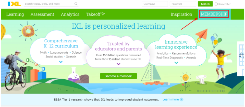 Visit the IXL Website & Click MEMBERSHIP Button