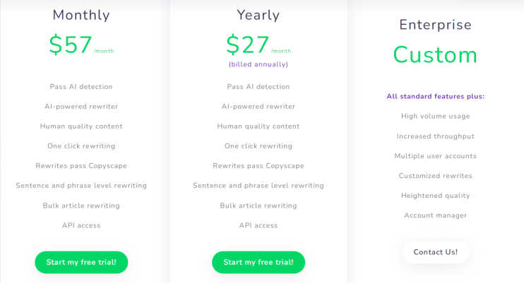 WordAi Pricing Page