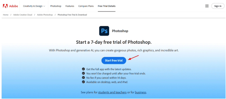 Adobe Photoshop Free Trial Page