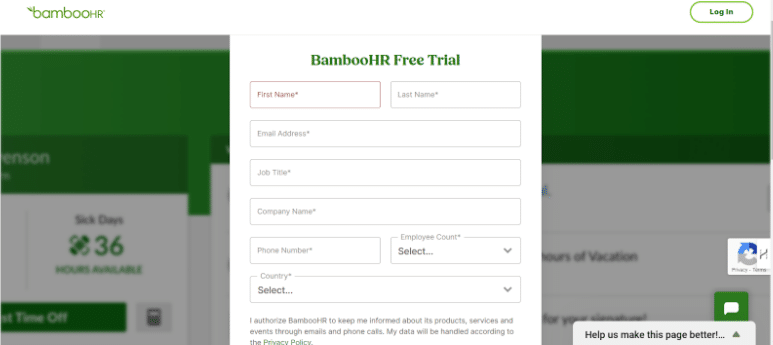 BambooHR Free Trial Page