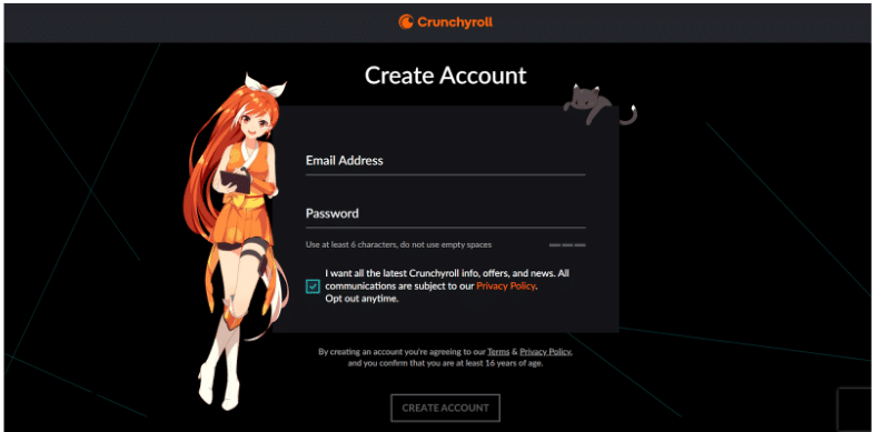 Crunchyroll Account Creation Page