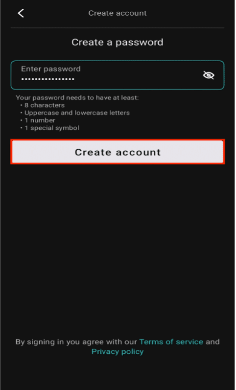 Enter Your Password And Press Create Account