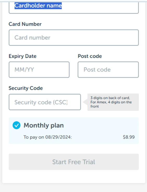 Provide Your Card Details & Press Start Free Trial