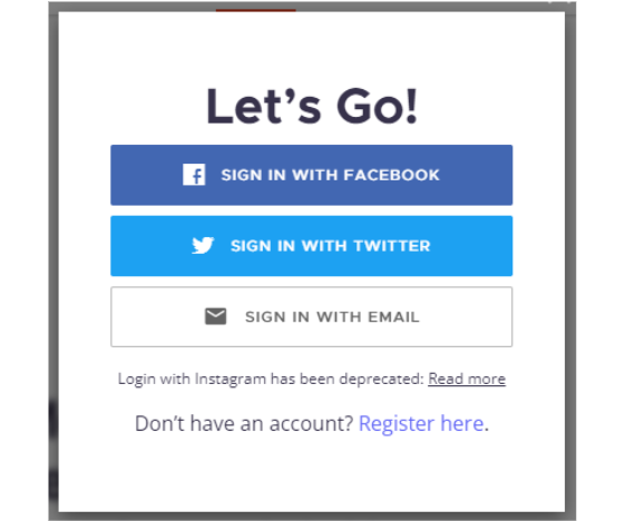 Sign In Through Facebook, Twitter, or E-mail or Register