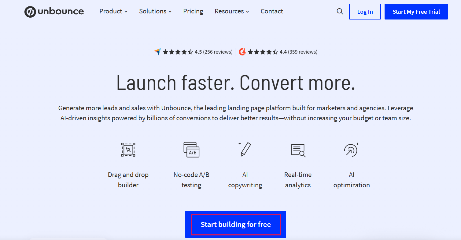 Unbounce Website & Click Start Building For Free