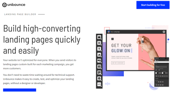 Unbounce Website & Click Start Building For Free