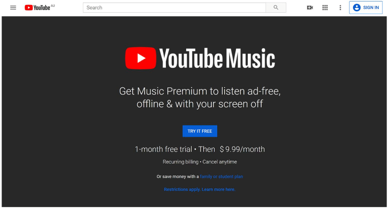 YouTube Music Website & Click Try It Free