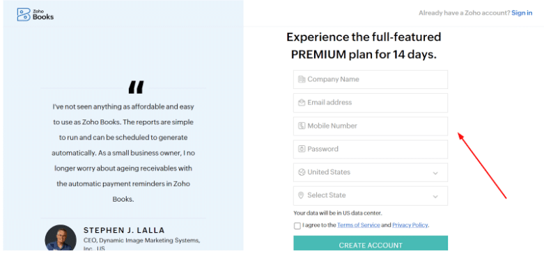 Zoho Books Signup Page