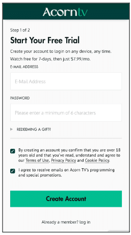 Acorn TV Sign Up Page