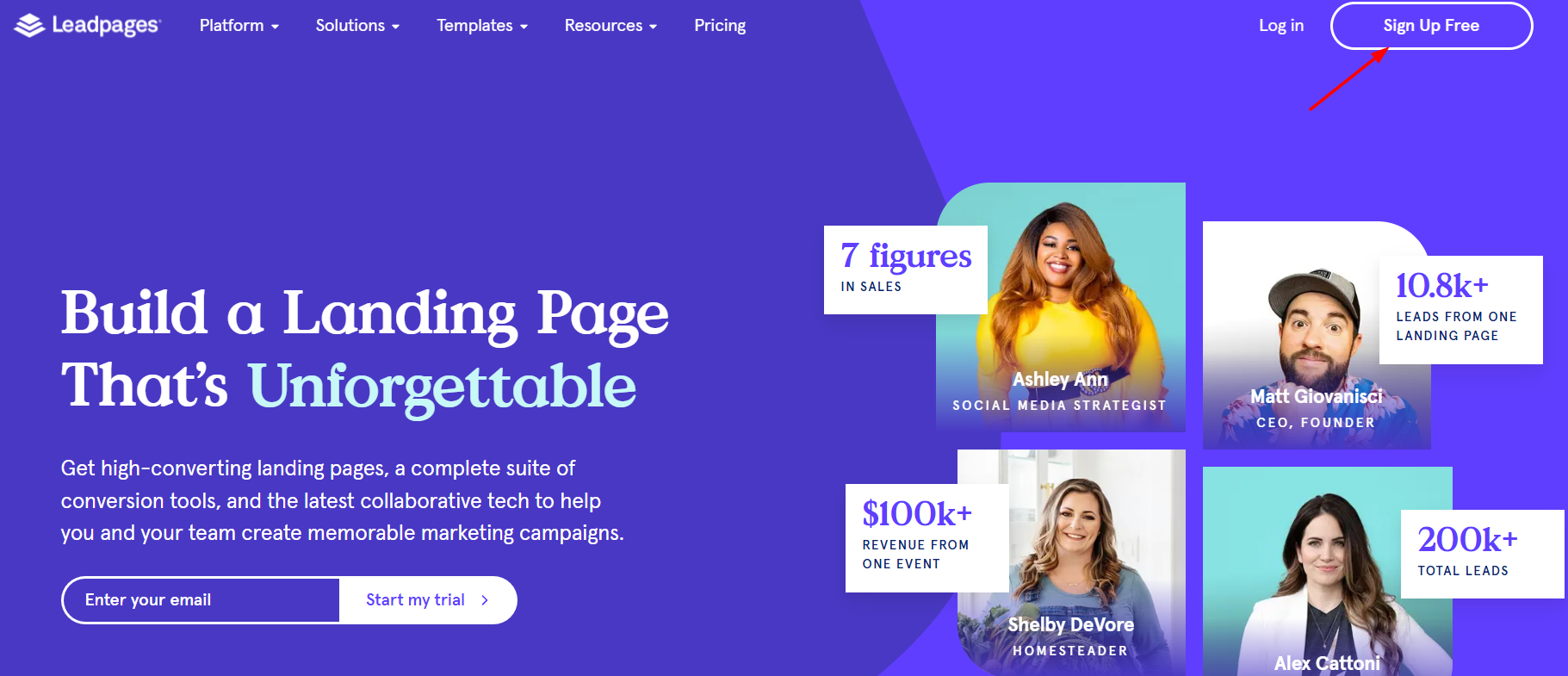Leadpages Website & Click On Sign Up Free