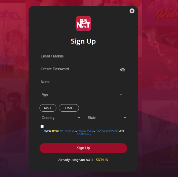 Sun NXT Signup Page