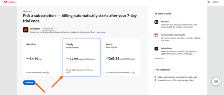 Adobe Illustrator Pricing Plans Page