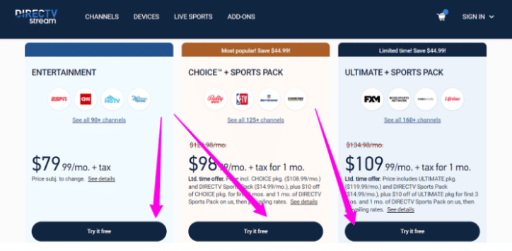 DirecTv Pricing Page