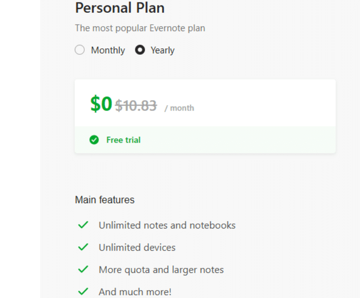 Evernote Personal Plan Free Trial