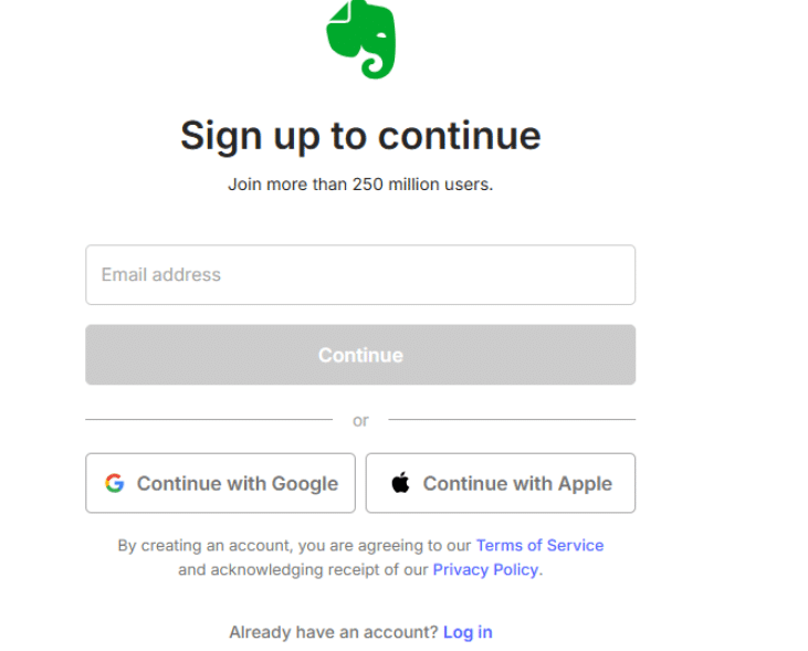 Evernote Sign Up Page