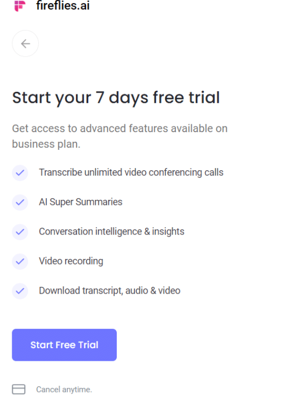 Fireflies AI Start 7 Free Trial