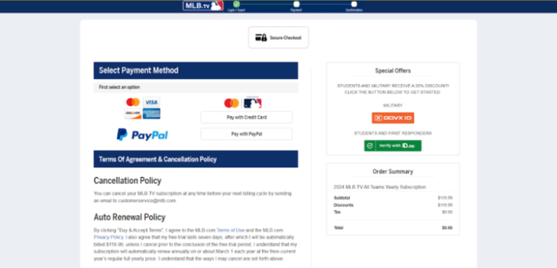MLB.Tv Checkout Page