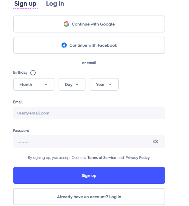 Quizlet Signup Page