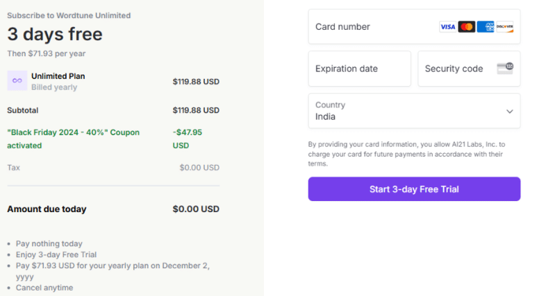 Wordtune Checkout Page