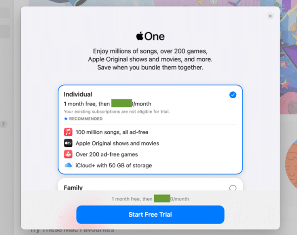 Apple One month free trial page