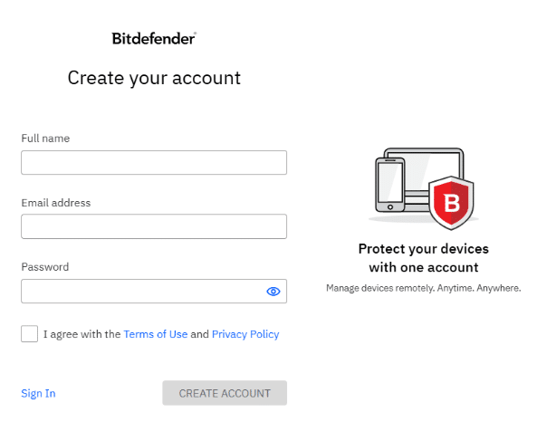 Bitdefender account creation