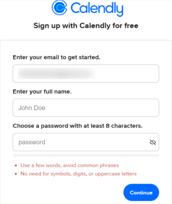 Calendly sign up page