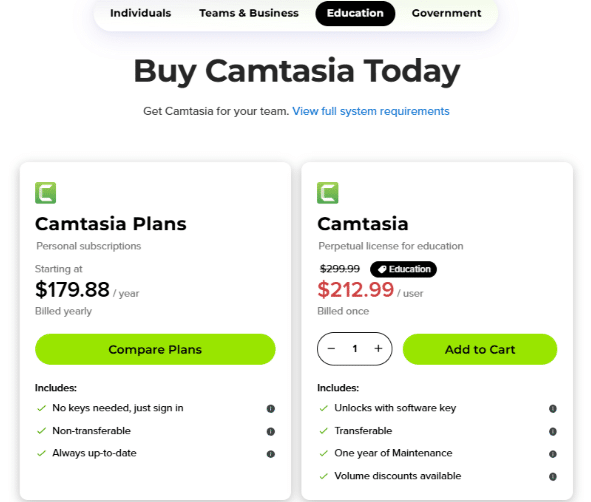 Camtasia Education pricing plans