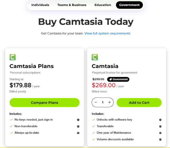 Camtasia Government pricing plans