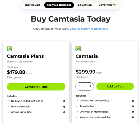 Camtasia Teams & Business pricing plans