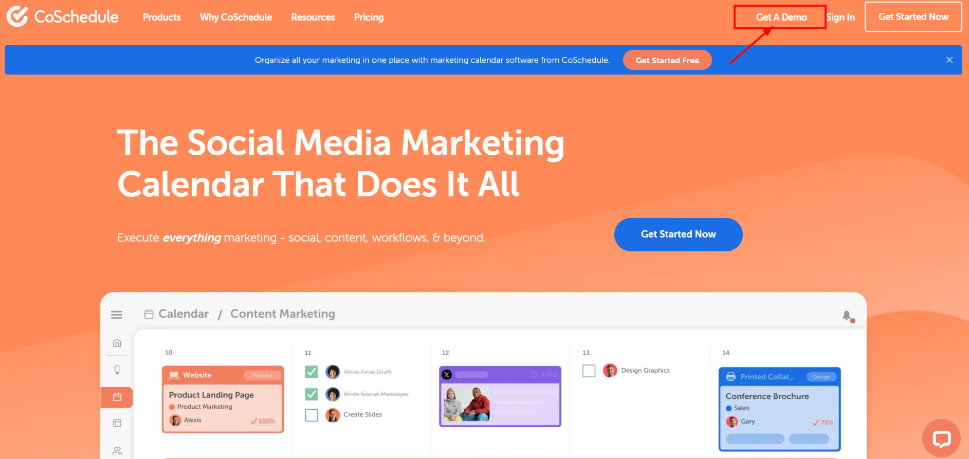 Coschedule Homepage & Click On Get A Demo