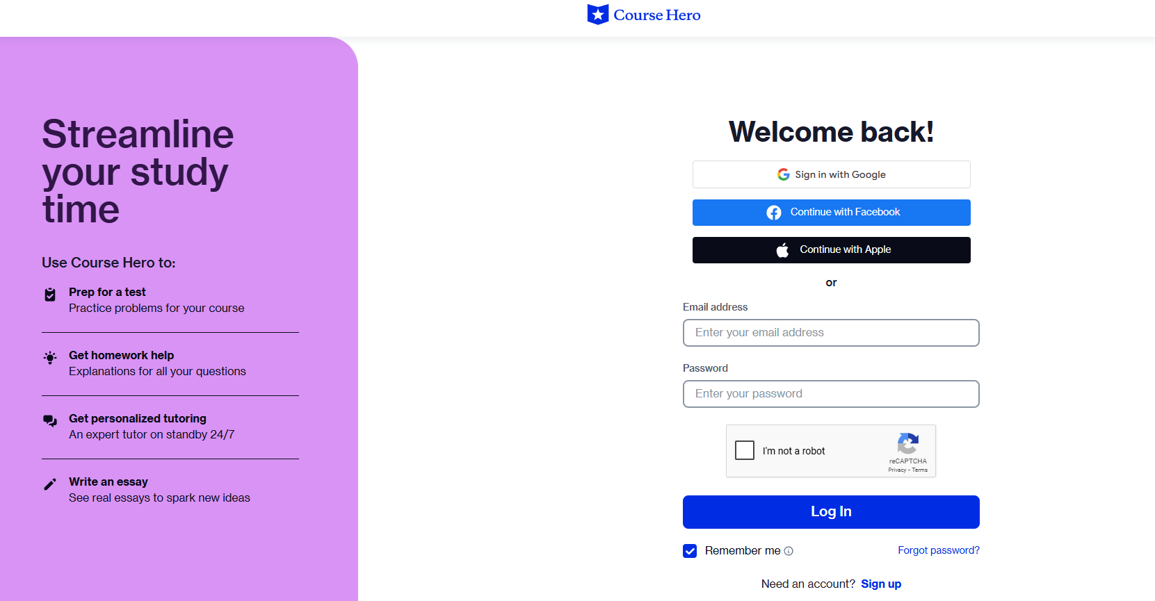 Course Hero Login Page