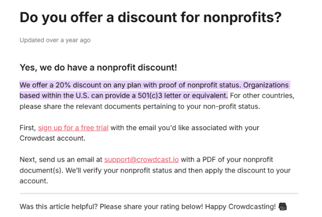 Crowcast Non-profit discount