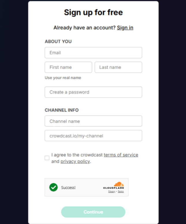 Crowdcast sign up page