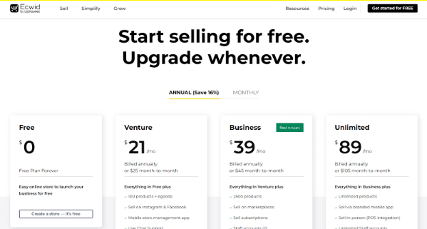 Ecwid pricing plan