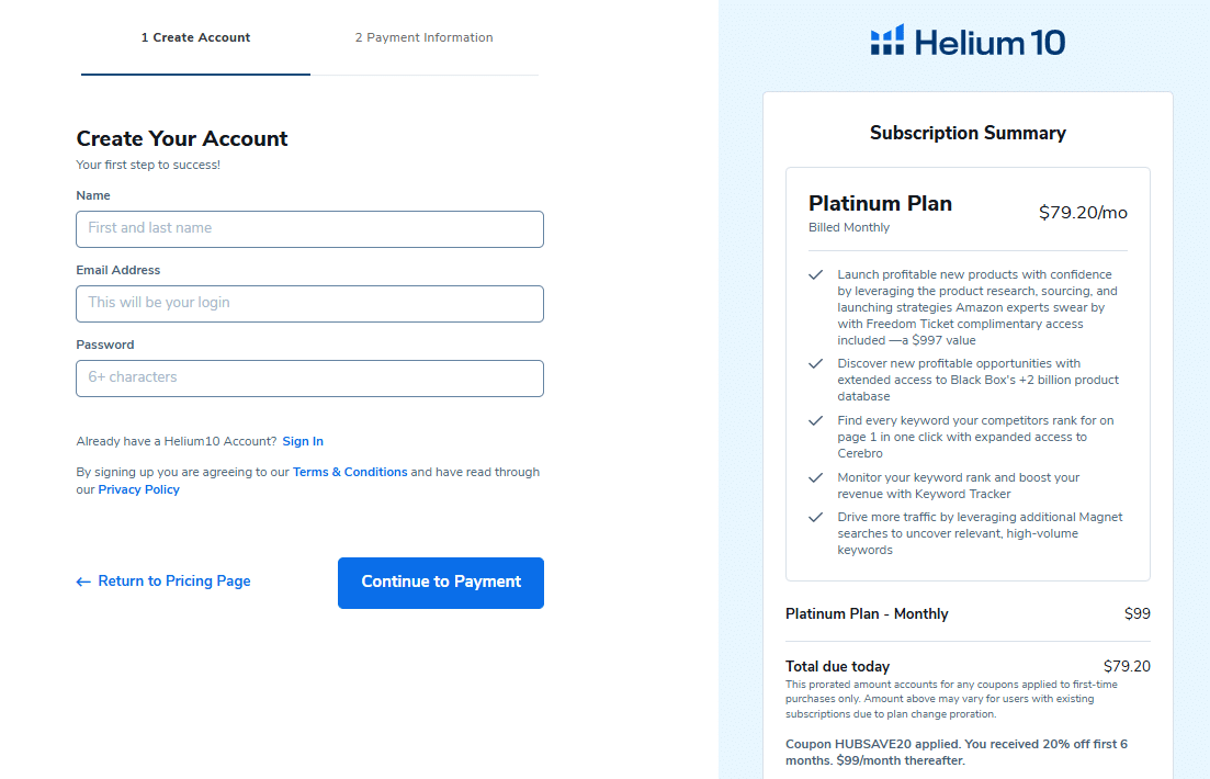 Finish Signing Up Process On Helium 10