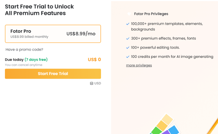 Fotor monthly pricing page