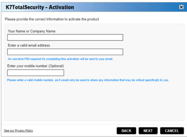 K7 Security profile activation page