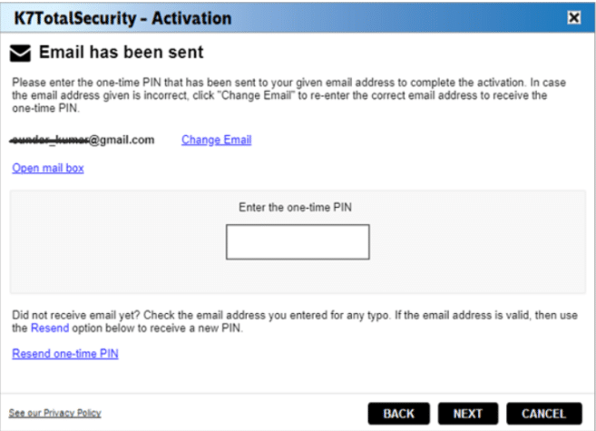 K7 Total Security email verification