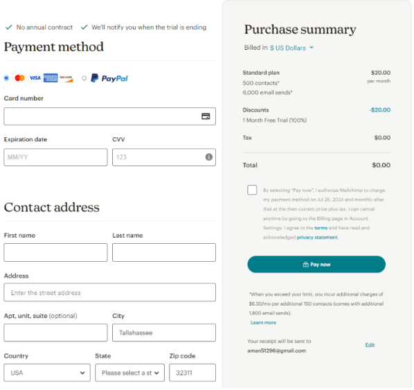 Mailchimp Checkout Page