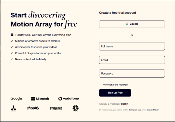 Motion Array sign up page