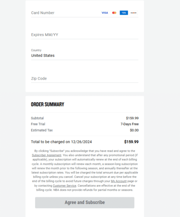 NBA League Pass checkout page