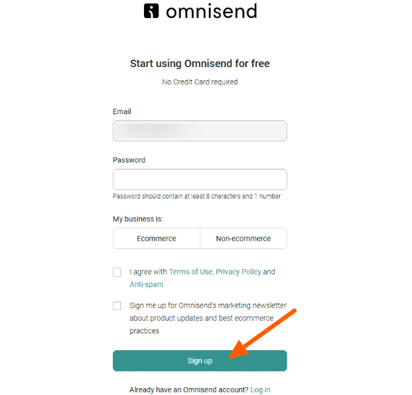 Omnisend Sign up page