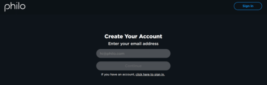 Philo TV Account Creation Page