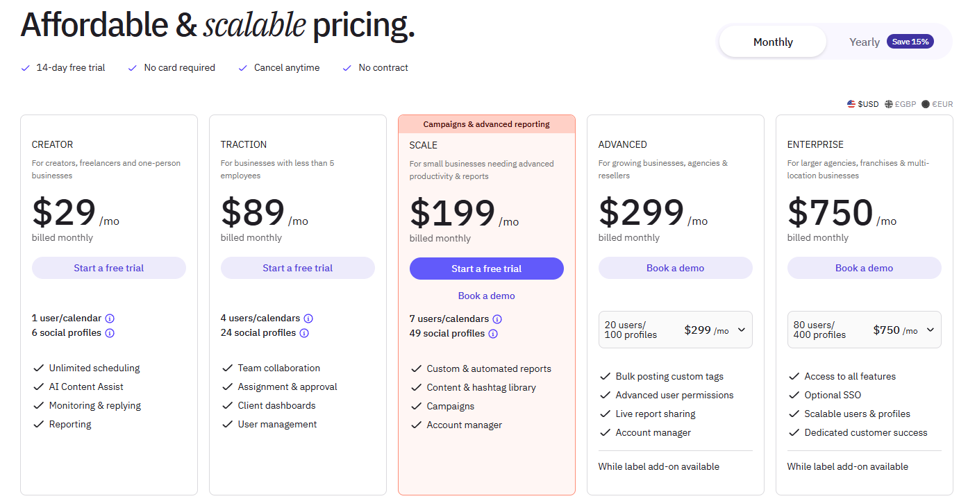 Sendible pricing plans