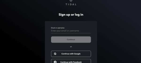 Tidal Sign up page